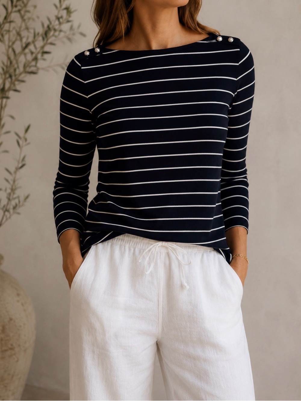Lauren Ralph Lauren Striped Boat Neck Top with Silver Buttons Size PM